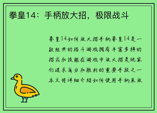 拳皇14：手柄放大招，极限战斗