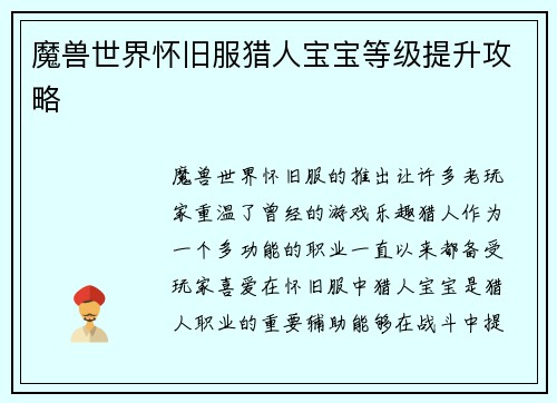 魔兽世界怀旧服猎人宝宝等级提升攻略